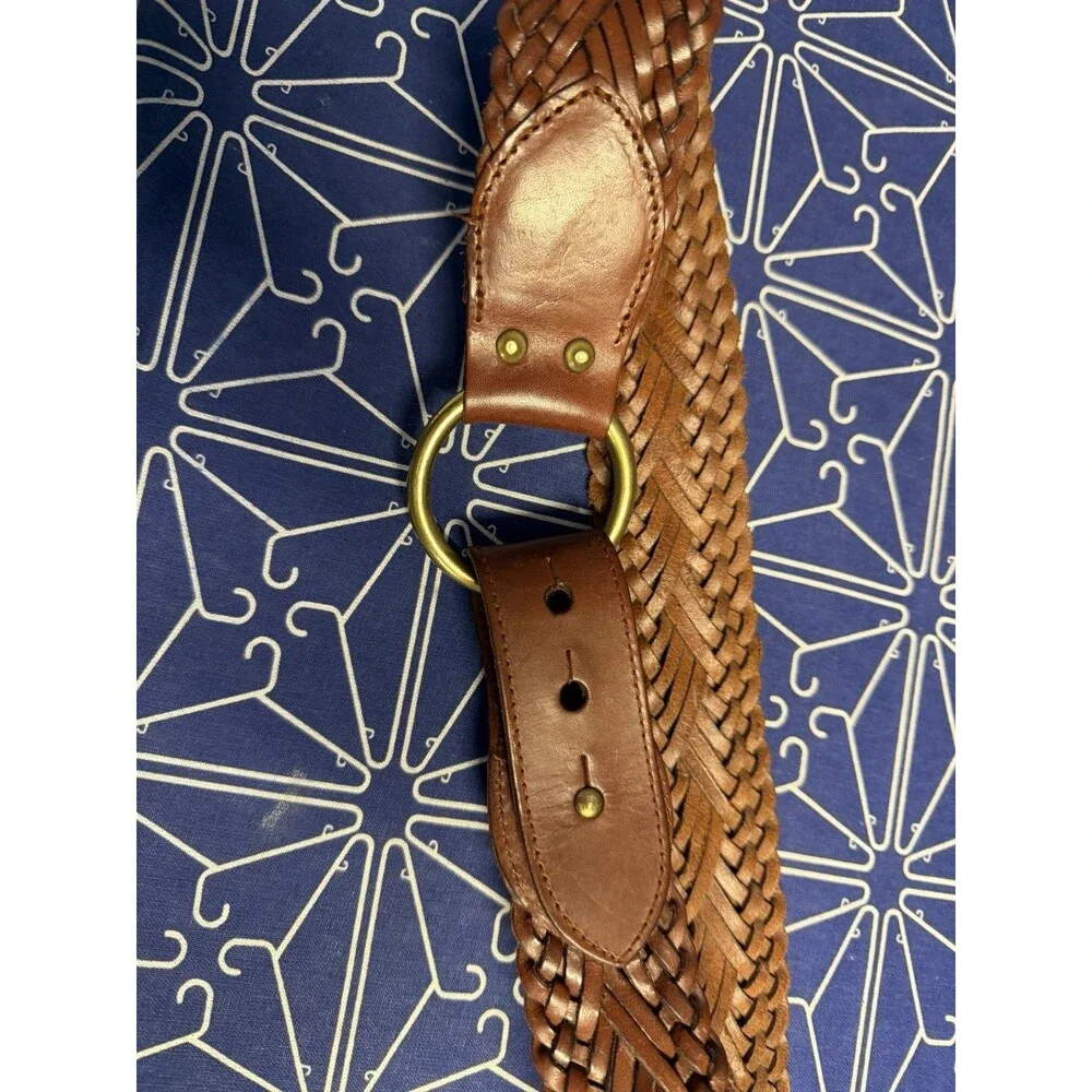 Fossil Brown Braided Leather Belt Brass Ring Buckle Size L Genuine Leather